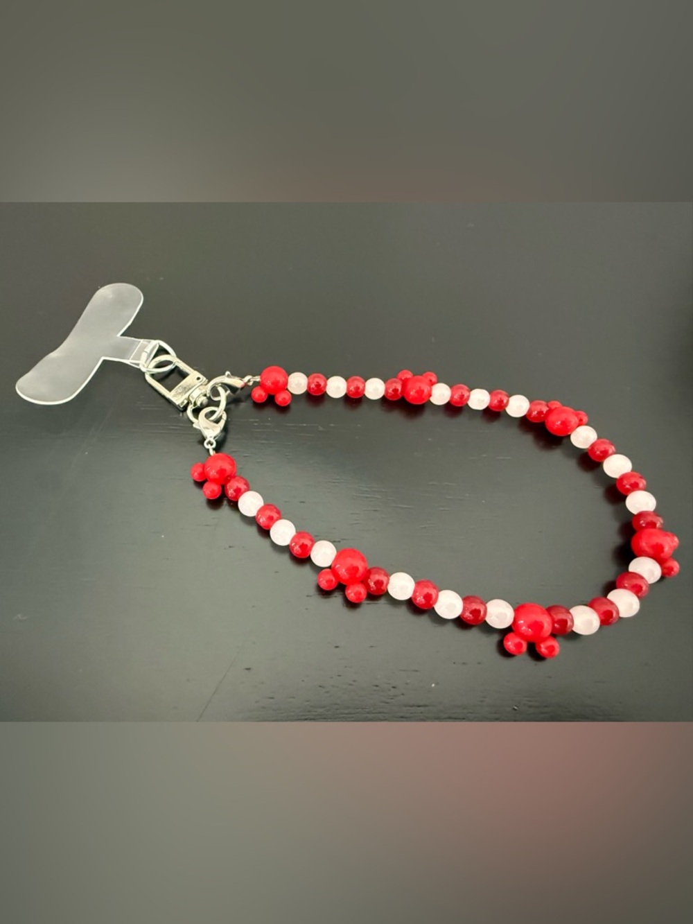 Handmade Red & White Beaded Mouse Head phone wristlet